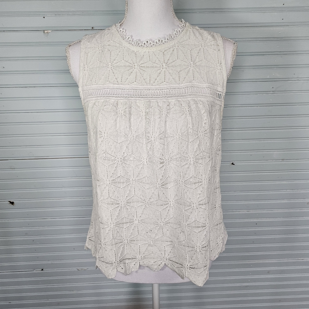 Sweet Wanderer White Bohemian Geometric Pattern Eyelet Sleeveless Blouse Sz M